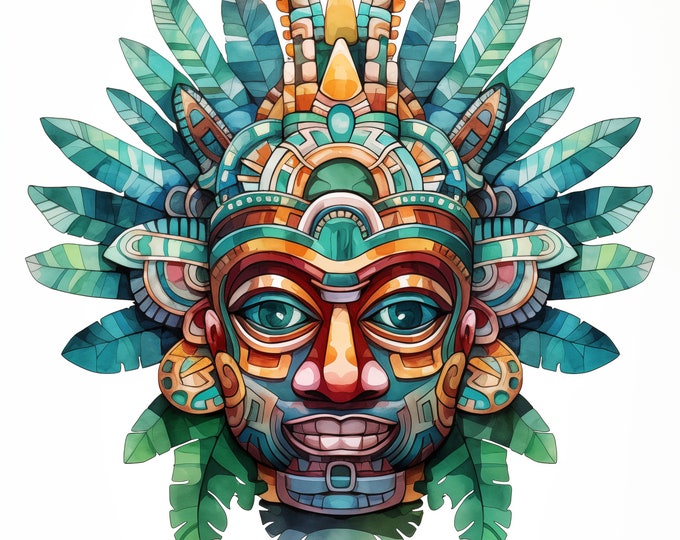 Mayan Mask Clipart, Ancient Masks Images, 10 Watercolor Clip Art, Printable JPGs, Instant Download, Commercial Use, Paper craft