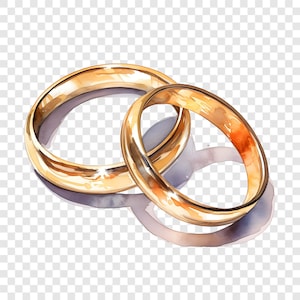 May include: Two interlocking gold rings with a smooth, polished finish. The rings feature a rounded band design with reflective surfaces that catch the light, creating highlights and shadows across the metallic gold material of the jewelry.