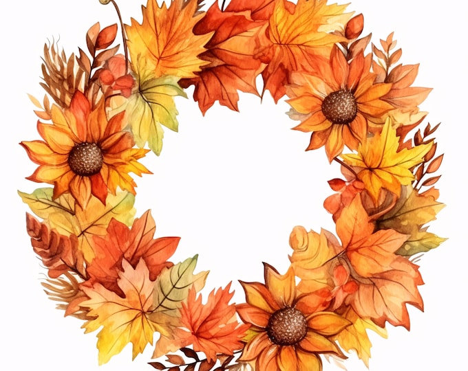 Autumn Wreath Clipart, Fall Leaves Circle Images, 10 Watercolor Clip Art, Printable JPGs, Instant Download, Commercial Use, Paper Craft