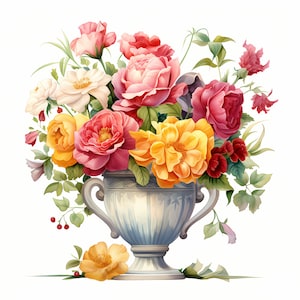 Watercolor Flowers in Victorian Vase Clipart (JPGs, Commercial Use)