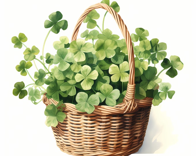 Shamrock Basket Clipart, Four Leaf Clover Images, 10 Watercolor Clip Art, Printable JPGs, Instant Download, Commercial Use, Paper craft