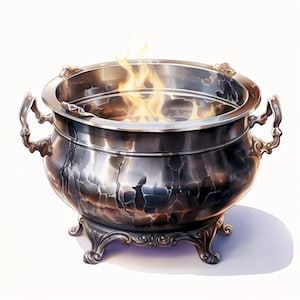 May include: A silver cauldron with ornate handles and legs, filled with bright yellow flames. The cauldron has a wide, open top and a reflective surface, suggesting a polished metal finish. The flames are stylized and add a mystical element.