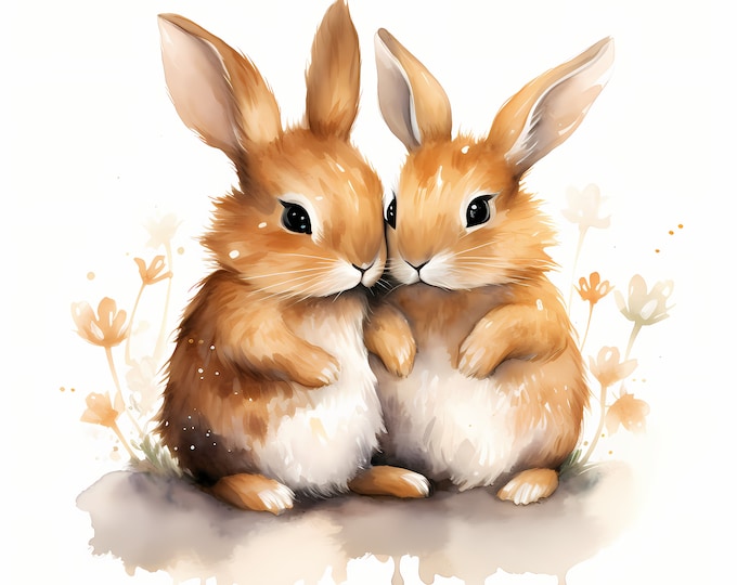 Love Bunny Clipart, Valentines Rabbits Images, 10 Watercolor Clip Art, Printable JPGs, Instant Download, Commercial Use, Paper craft