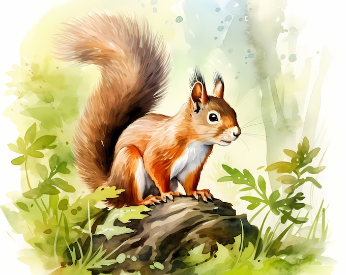 Squirrel Clipart, Squirrel in Forest Images, 10 Watercolor Clip Art, Printable JPGs, Instant Download, Commercial Use, Paper craft