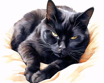 Akvarell svart katt clipart: Kommersiellt bruk kattbilder (JPG, direkt nedladdning