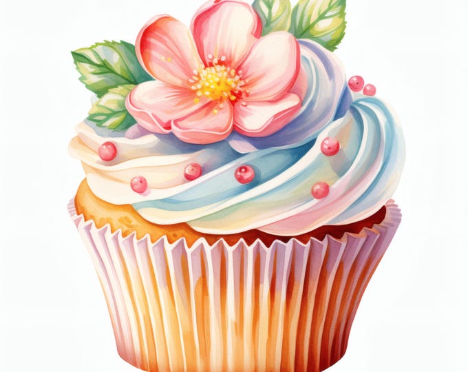 Flower Cupcake Clipart, Sweet Dessert Images, 10 Watercolor Clip Art, Printable JPGs, Instant Download, Commercial Use, Paper Craft