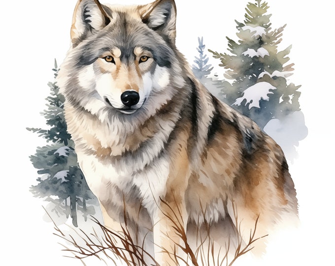 Gray Wolf Clipart, Wolf in Winter Images, 10 Watercolor Clip Art, Printable JPGs, Instant Download, Commercial Use, Paper craft