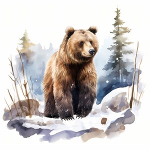 Clipart d'ours d'hiver, images d'ours brun, 10 images clipart aquarelle, fichiers JPG imprimables, téléchargement immédiat, usage commercial, créations en papier