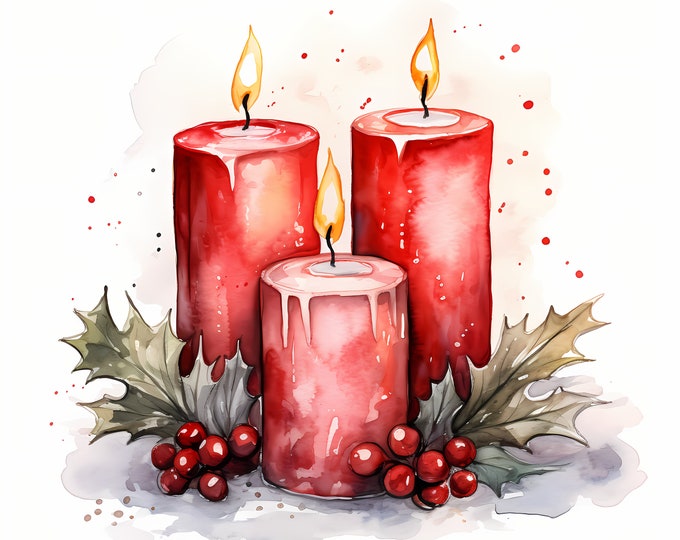 Candles Clipart, Christmas Candles Images, 10 Watercolor Clip Art, Printable JPGs, Instant Download, Commercial Use, Paper craft