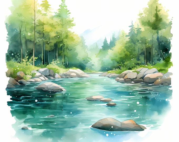 River in Forest Clipart, Forest River Images, 10 Watercolor Clip Art, Printable JPGs, Instant Download, Commercial Use, Paper craft