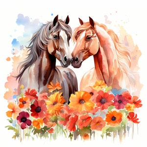 Imágenes de pareja de caballos, imágenes románticas de caballos, 10 imágenes prediseñadas de acuarela, archivos JPG imprimibles, descarga instantánea, uso comercial, manualidades de papel