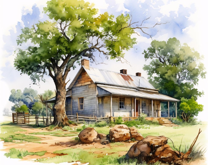 Watercolor Farmhouse Clipart: Country Home Art, Commercial Use (JPGs, Digital Download)