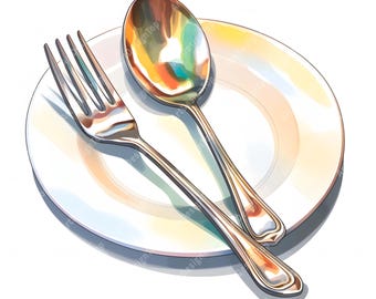 Watercolor Kitchen Utensil Clipart: Plate, Spoon, Fork (JPGs, Commercial Use)