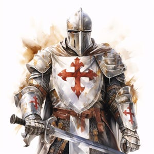 Könnte beinhalten: Aquarellillustration eines mittelalterlichen Ritters in voller Rüstung. Der Ritter trägt einen silbernen Helm, Kettenhemd und einen weißen Schild mit einem roten Kreuz. Ein Schwert wird in der rechten Hand des Ritters gehalten. Der Hintergrund hat braune Aquarellspritzer.