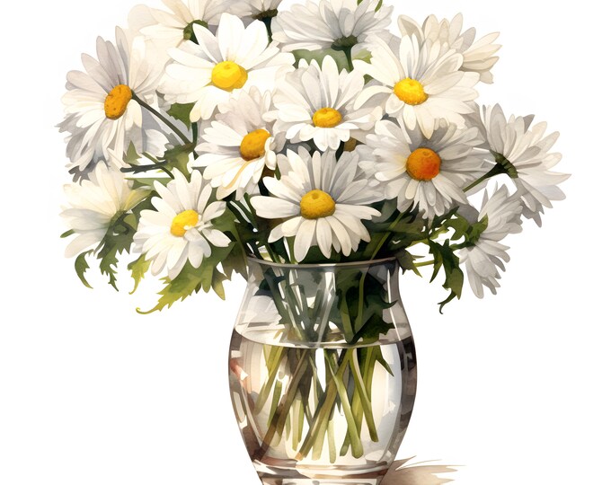 Daisies In Glass Vase Clipart, Daisies Vase Images, 10 Watercolor Clip Art, Printable JPGs, Instant Download, Commercial Use, Paper craft