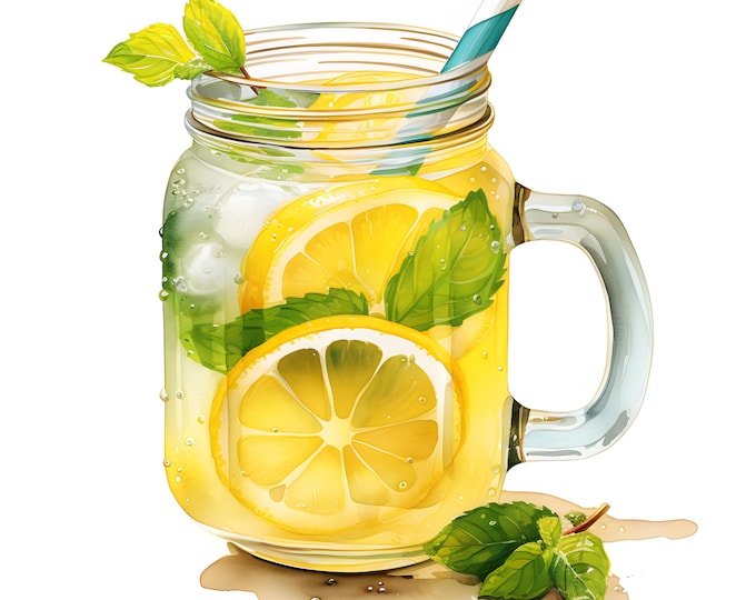 Lemonade Clipart, Mint Lemonade Images, 10 Watercolor Clip Art, Printable JPGs, Instant Download, Commercial Use, Paper craft
