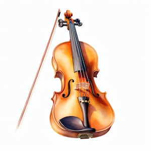 May include: A detailed watercolor illustration of a violin and bow. The violin is a warm, golden-brown color with black strings and a dark ebony fingerboard. The bow is resting against the instrument, with a light-colored wood and dark hair.
