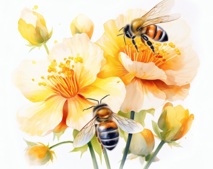 Bees and Flowers Clipart, Pollination Nature Images, 10 Watercolor Clip Art, Printable JPGs, Instant Download