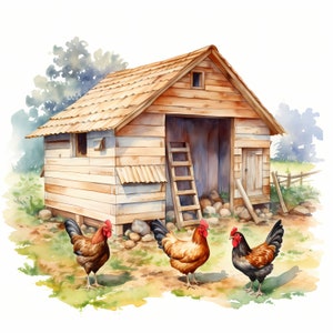 Imágenes prediseñadas de gallinero, imágenes de gallinas en gallinero, 10 imágenes prediseñadas de acuarela, archivos JPG imprimibles, descarga instantánea, uso comercial, manualidades de papel