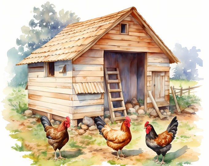 Chicken Coop Clipart, Chickens in Coop Images, 10 Watercolor Clip Art, Printable JPGs, Instant Download, Commercial Use, Paper craft