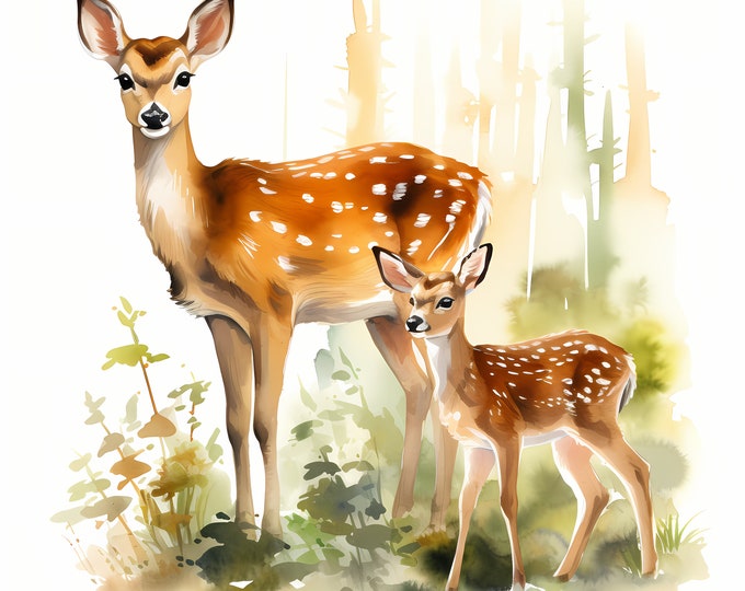 Deer with Baby Clipart, Fawn in Forest Images, 10 Watercolor Clip Art, Printable JPGs, Instant Download, Commercial Use, Paper craft