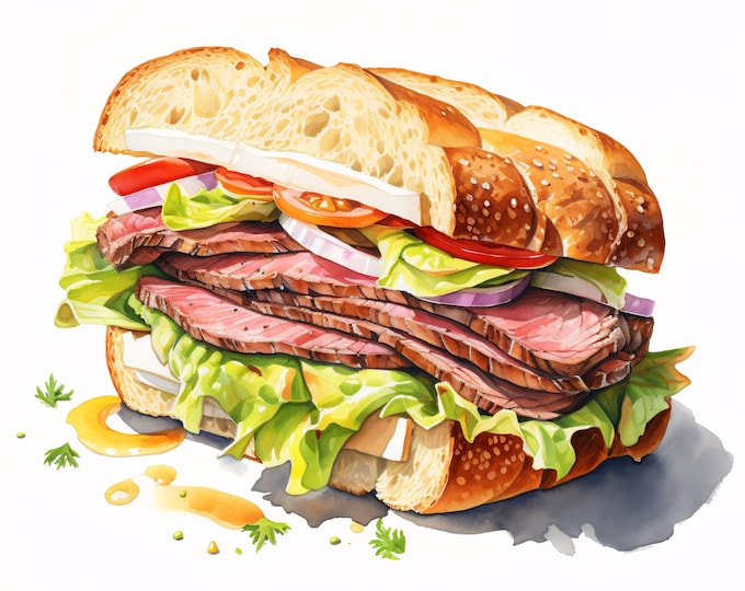 Roast Beef Sandwich Clipart, Food Illustration Images, 10 Watercolor Clip Art, Printable JPGs, Instant Download, Commercial Use, Paper craft