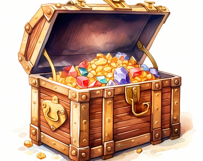 Treasure Chest Clipart, Pirate Chest Images, 10 Watercolor Clip Art, Printable JPGs, Instant Download, Commercial Use, Paper craft