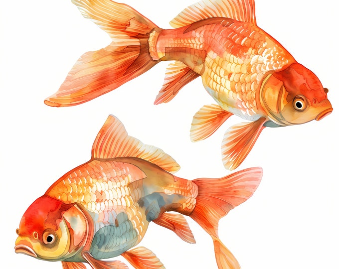 Goldfish Clipart, Gold Fish Images, 10 Watercolor Clip Art, Printable JPGs, Instant Download, Commercial Use, Paper craft