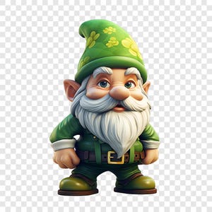 May include: A garden gnome figurine wearing a green hat with yellow flower patterns, a green shirt with suspenders, and a brown belt. The gnome has a long white beard, a round nose, and pointed ears, standing in a forward-facing pose.