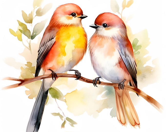 Romantic Birds Clipart, Birds in Branch Images, 10 Watercolor Clip Art, Printable JPGs, Instant Download, Commercial Use, Paper craft