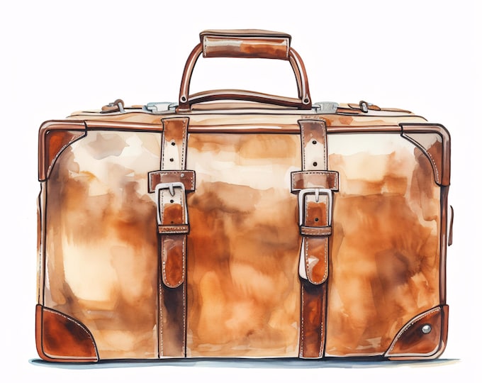 Vintage Suitcase Clipart, Retro Travel Luggage Images, 10 Watercolor Clip Art, Printable JPGs, Instant Download, Commercial Use, Paper craft