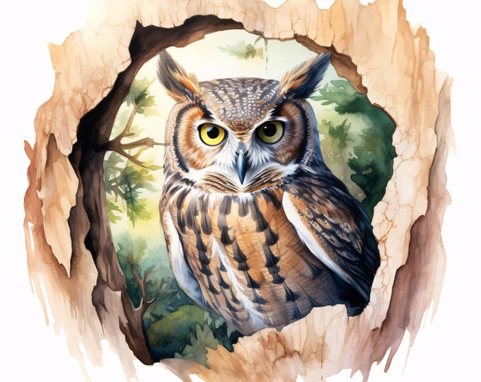 Owl in Tree Clipart, Woodland Bird Images, 10 Watercolor Clip Art, Printable JPGs, Instant Download, Commercial Use, Paper craft