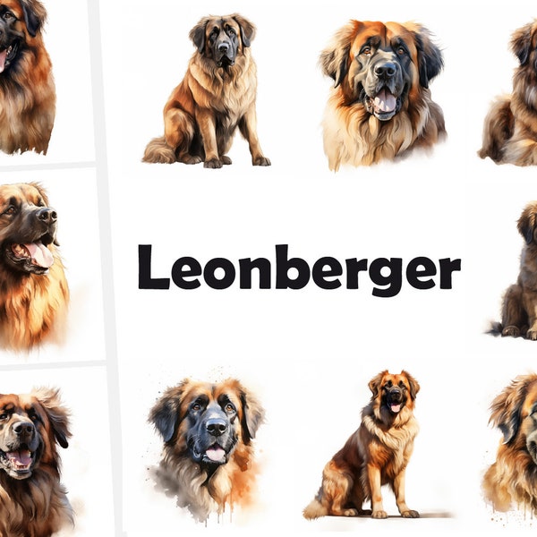 10 Leonberger, Leonberger Dog JPG, Watercolor Clipart, High Quality JPGs, Digital Download, High Resolution, Commercial Use