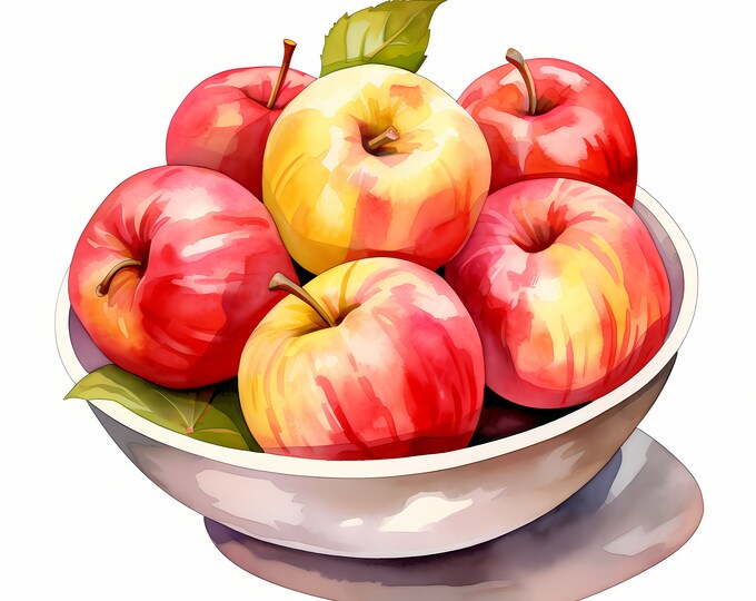 Apples Clipart, Bowl of Apples Images, 10 Watercolor Clip Art, Printable JPGs, Instant Download, Commercial Use, Paper craft