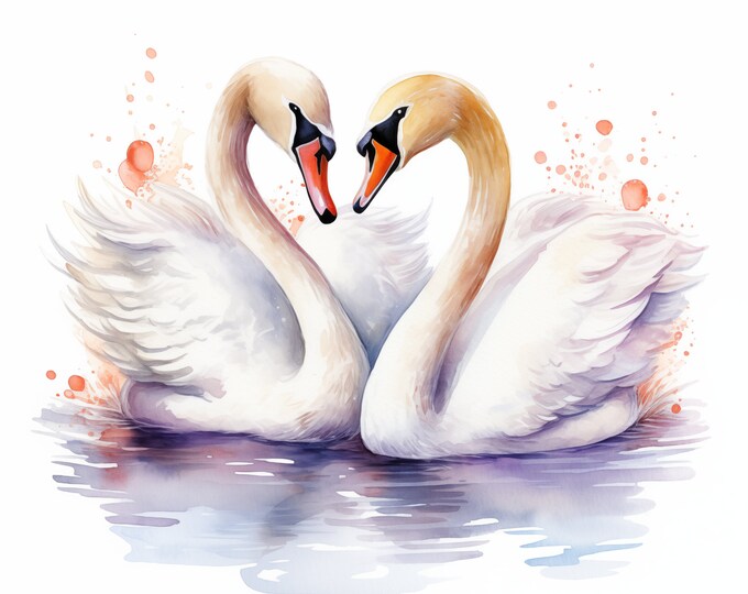 Romantic Swans Clipart, Swan Couple Images, 15 Watercolor Clip Art, Printable JPGs, Instant Download, Commercial Use, Paper craft