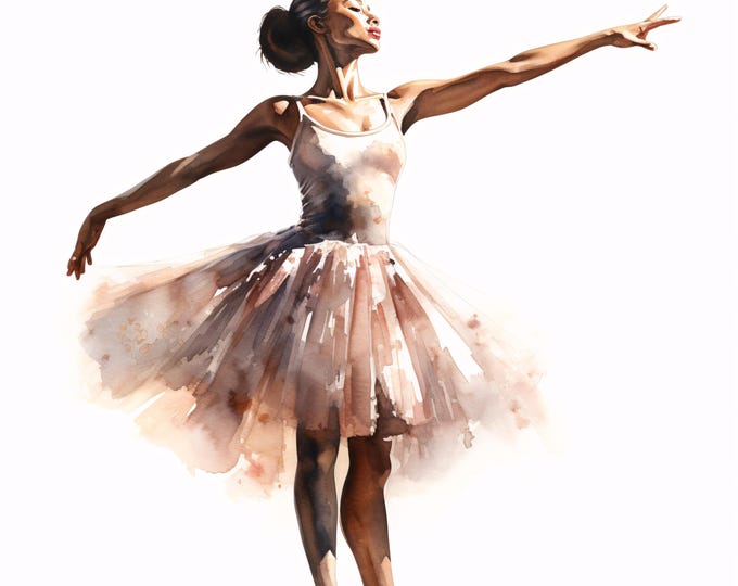 Watercolor Ballerina Clipart: Black Ballet Dancer JPG Images (Commercial Use, Instant Download)