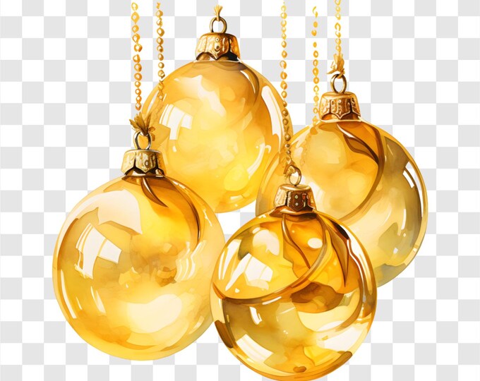 10 PNG Golden Baubles, Christmas Baubles Clipart, Watercolor Clip Art, Instant Download, Commercial Use, Transparent Background