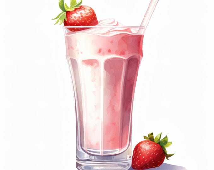 Strawberry Milkshake Clipart, Pink Drink Glass Images, 10 Watercolor Clip Art, Printable JPGs, Instant Download, Commercial Use, Paper craft