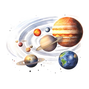 Clipart zonnestelsel, planetenafbeeldingen, 10 aquarel-illustraties, afdrukbare JPG's, Instant Download, Commercieel gebruik, Papercraft