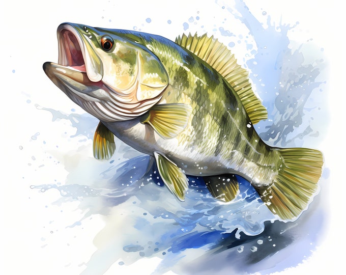 Bass Fish Clipart, Fishing Bass Images, 10 Watercolor Clip Art, Printable JPGs, Instant Download, Commercial Use, Paper craft