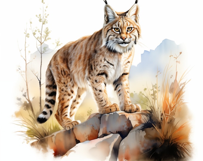 Bobcat Clipart, Bobcat in Nature Images, 10 Watercolor Clip Art, Printable JPGs, Instant Download, Commercial Use, Paper craft