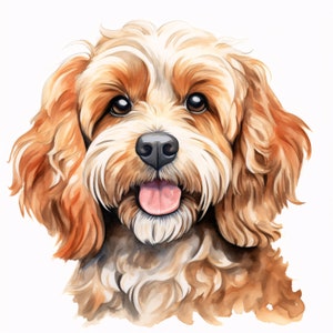 Puede incluir: Una pintura de acuarela de un perro cockapoo marrón y blanco con una expresión feliz. El perro tiene el pelo rizado y mira directamente al espectador.