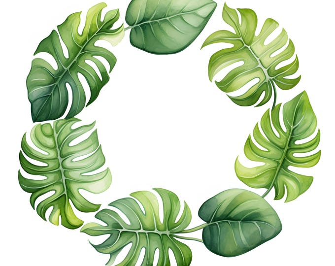 Monstera Wreath Clipart, Exotic Leaves Wreath Images, 10 Watercolor Clip Art, Printable JPGs, Instant Download, Commercial Use, Paper craft