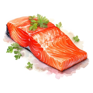 Lachs Clipart, Lachsfilet Bilder, 10 Aquarell Clip Art, druckbare JPGs, Sofort Download, Kommerzielle Nutzung, Papiermodell