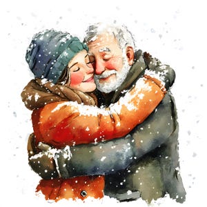 Oud stel knuffelen clipart, knuffelen in de sneeuw beelden, 10 aquarel illustraties, afdrukbare jpg's, Instant Download, commercieel gebruik, Paper Craft