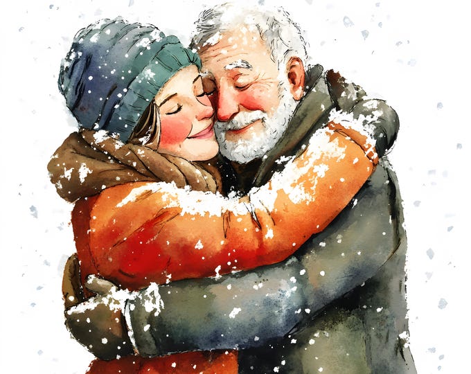 Old Couple Hugging Clipart, Hugging In Snow Images, 10 Watercolor Clip Art, Printable JPGs, Instant Download, Commercial Use, Paper craft