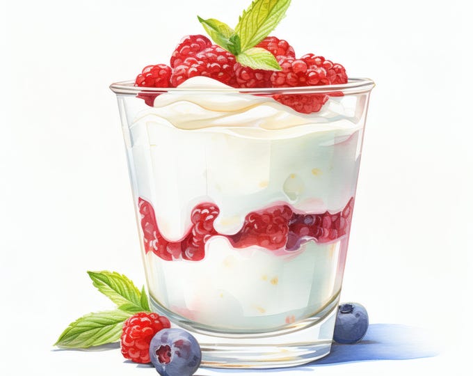 Yogurt Clipart, Berry Breakfast Images, 10 Watercolor Clip Art, Printable JPGs, Instant Download, Commercial Use, Paper craft