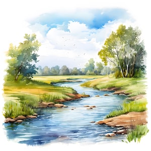 Könnte beinhalten: Ein Aquarellbild eines gewundenen Flusses, der durch eine üppige grüne Wiese fließt. Der Fluss ist von Bäumen und Büschen umgeben, und der Himmel ist strahlend blau mit flauschigen weißen Wolken.
