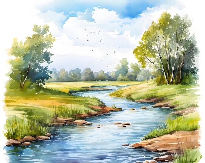 River Landscape Clipart, Spring River Images, 10 Watercolor Clip Art, Printable JPGs, Instant Download, Commercial Use, Paper craft