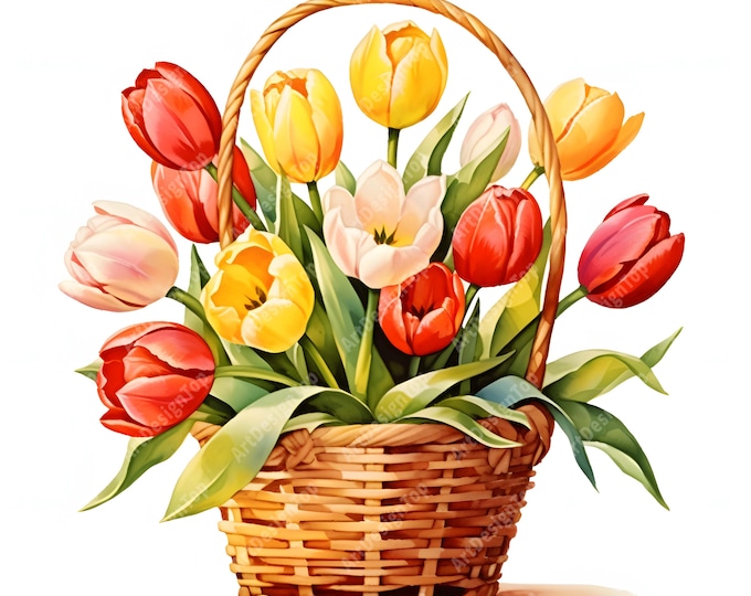 Tulips Basket Clipart, Basket of Tulips Images, 10 Watercolor Clip Art, Printable JPGs, Instant Download, Commercial Use, Paper craft